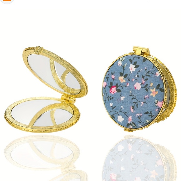 Boutique Accessories - 134. NEW| Blue Round Foldable Compact Hand Mirror Floral Vintage Retro Design